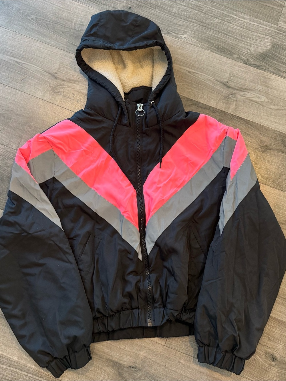 Black Hooded Bomber Jacket with Neon Pink & Gray Design